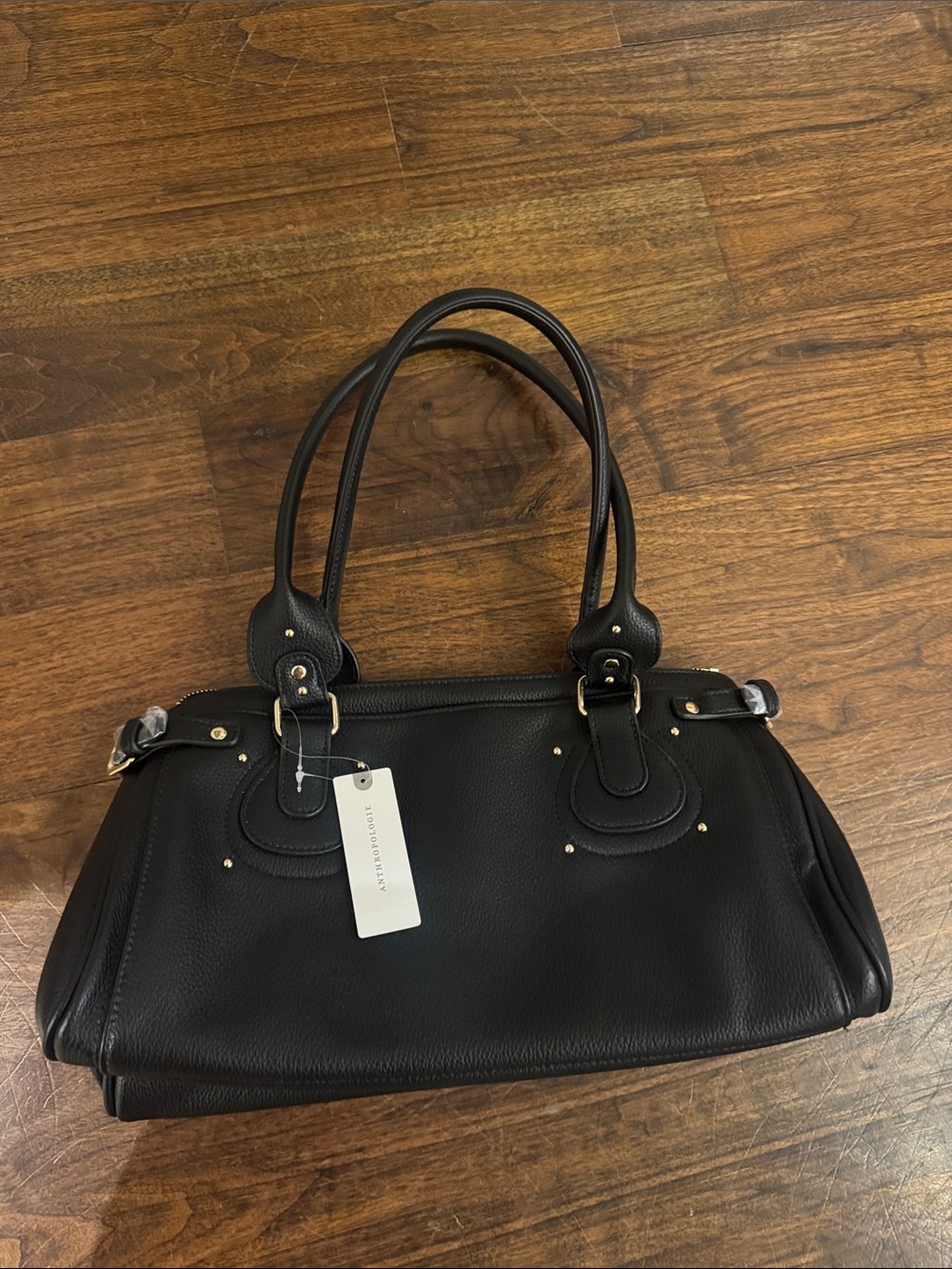 Anthropologie Black Leather Shoulder Satchel with Gold Accents